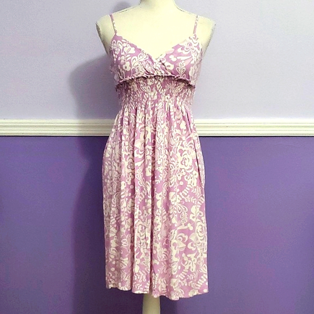 GAP Lavender Floral Surplice Ruffly Neck Smocked Waist Flowy Summer Mini Dress S